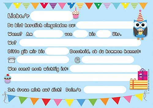 Produktbild von 12 Einladungskarten Mit Umschlägen – Eulen-Motiv, DIN A6, Für Kindergeburtstag, Inkl. Textvorlage, Made In Germany