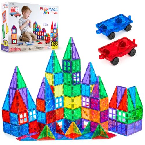Playmags 100 Stück Super Set: Mit stärksten Magneten garantiert, robust, super haltbar mit lebendigen klaren Farbe Fliesen. 18-teiliges Clickins-Zubehör für mehr Kreativität